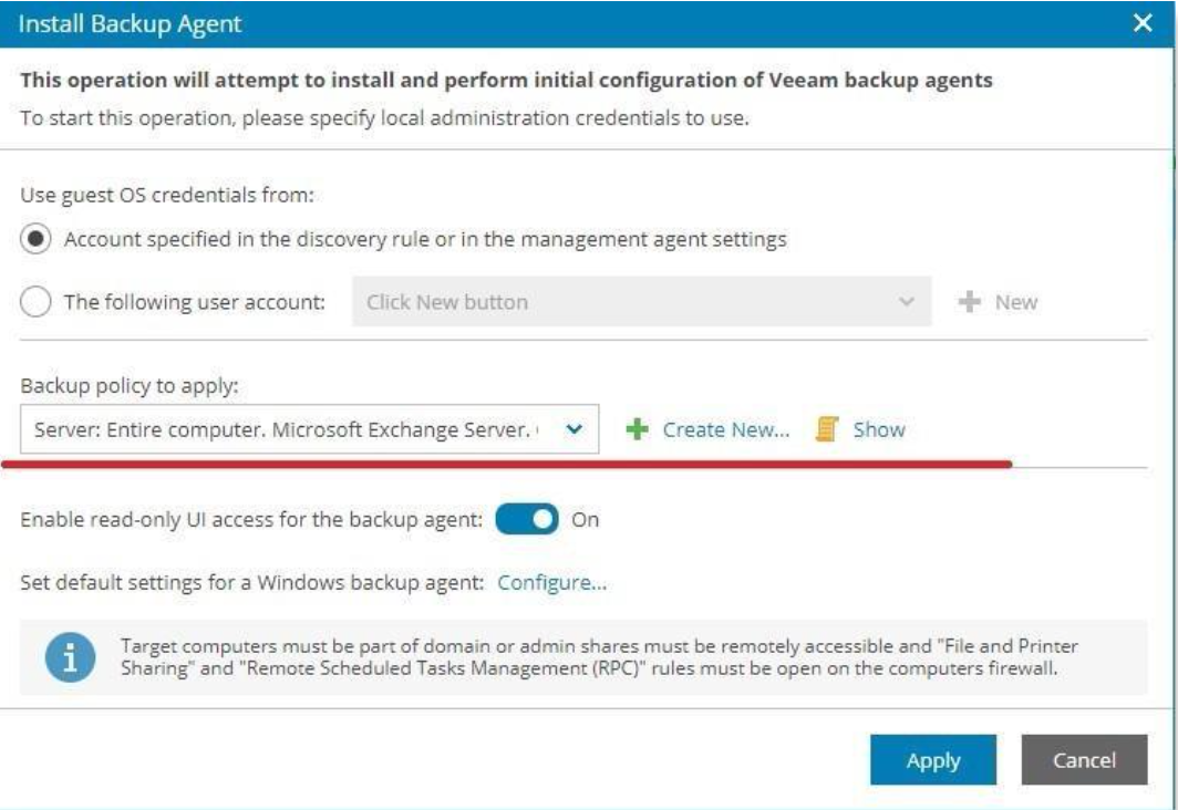 Вікно Install Backup Agent з вибором backup-policy