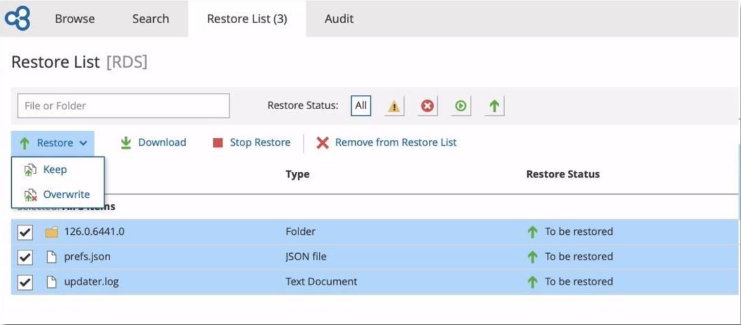 Restore List: Keep/Overwrite/Download