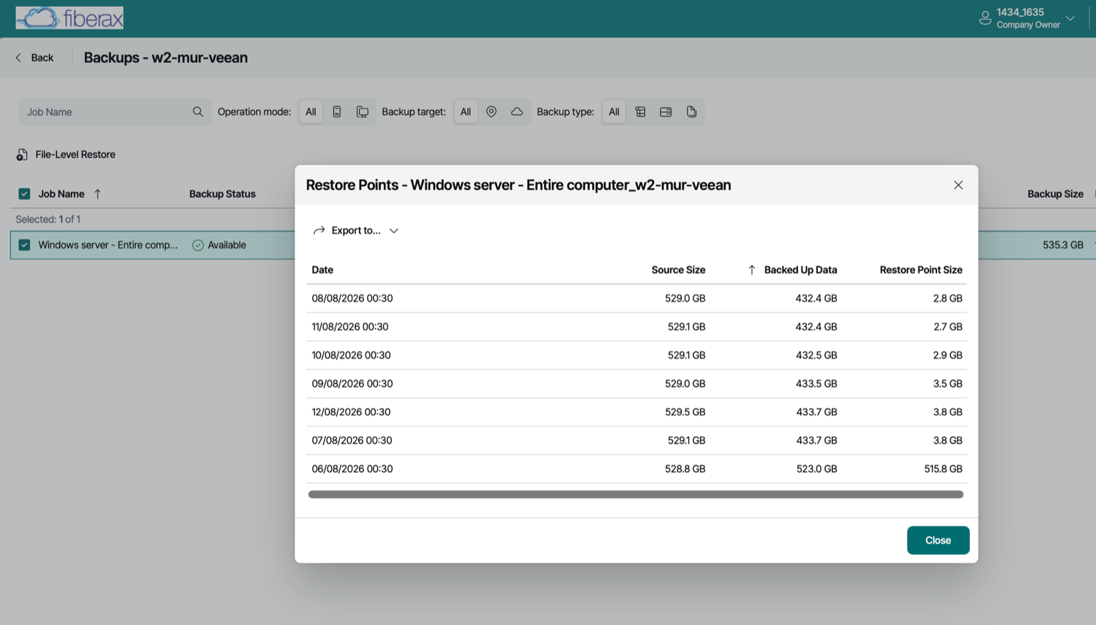 Restore Points: колонка Restore Point Size